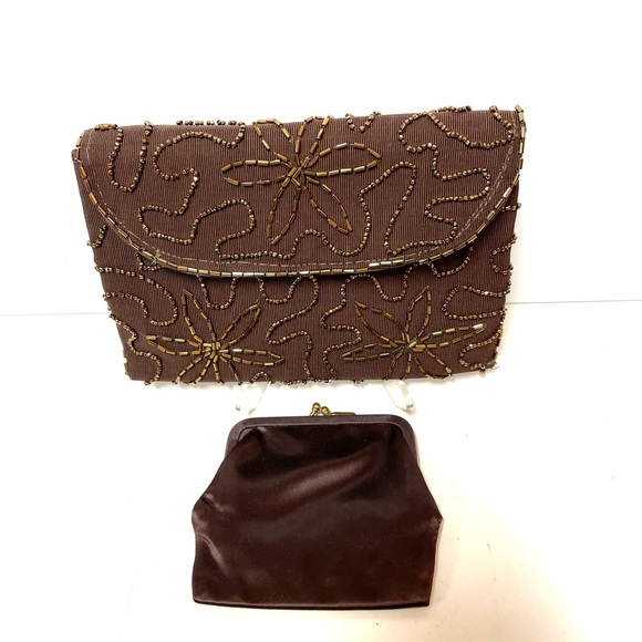 Vintage brown beaded clutch bag - Picture 3 of 5